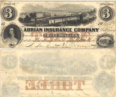 Лот №276,  США. Adrian Insurance Company. Штат Мичиган. 3 доллара 1853 года.