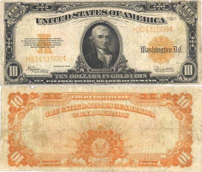 Лот №282,  США. Золотой сертификат 10 долларов золотой монетой 1922 года.