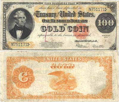 Лот №283,  США. Казначейство Соединенных Штатов. 100 долларов золотой монетой 1922 года.