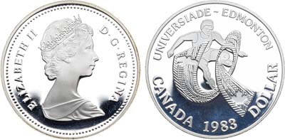Лот №31,  Канада. Конституционная монархия. Королева Елизавета II. 1 доллар 1982 года. XII Универсиада в Эдмонтоне.