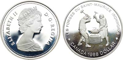 Лот №32,  Канада. Конституционная монархия. Королева Елизавета II. 1 доллар 1988 года. 250 лет кузницам Сен-Мориса.
