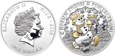 Лот №48,  Ниуэ. Британское Содружество. Королева Елизавета II. 1 доллар 2008 года. С Новым годом и  Рождеством! Снеговик.