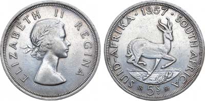 Лот №69,  ЮАР. Британское Содружество. Королева Елизавета II. 5 шиллингов 1957 года. (SOUTH). Антилопа Спрингбок.