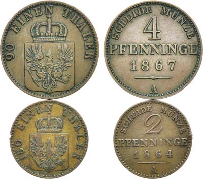 Лот №195,  Германия. Королевство Пруссия. Король Вильгельм I. Сборный лот из 2 монет 2 пфеннига 1864 года и 4 пфеннига 1867 года.