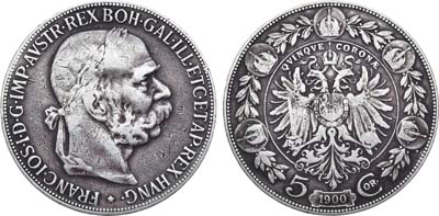 Лот №26,  Австро-Венгерская империя. Император Франц Иосиф I. 5 крон 1900 года.