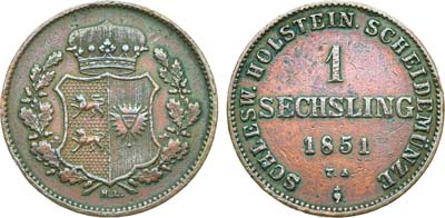 Лот №97,  Герцогство Шлезвиг-Гольштейн. Временное правительство (1850-1851 гг). 1 сехлинг 1851 года.