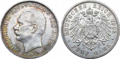 Лот №100,  Германская империя. Великое герцогство Баден. Великий герцог Фридрих II. 5 марок 1908 года.