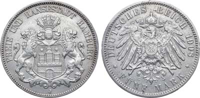Лот №101,  Германская империя. Вольный Ганзейский город Гамбург. 5 марок 1908 года.