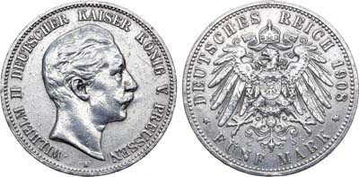 Лот №102,  Германская империя. Королевство Пруссия. Король Вильгельм II. 5 марок 1908 года.