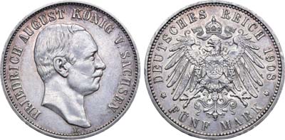 Лот №103,  Германская империя. Королевство Пруссия. Король Фридрих Август III. 5 марок 1908 года.