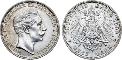 Лот №105,  Германская империя. Королевство Пруссия. Король Вильгельм II. 3 марки 1909 года.