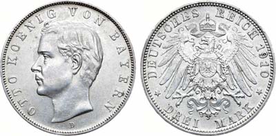 Лот №108,  Германская империя. Королевство Бавария. Король Отто I. 3 марки 1910 года.