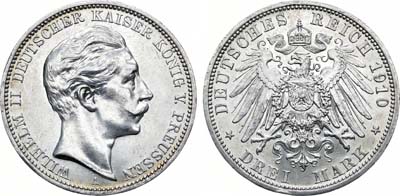 Лот №109,  Германская империя. Королевство Пруссия. Король Вильгельм II. 3 марки 1910 года.