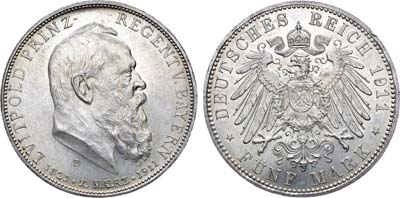 Лот №111,  Германская Империя. Королевство Бавария. Принц-регент Луитпольд. 5 марок 1911 года.