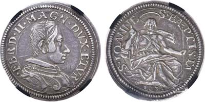 Лот №124,  Италия. Великое герцогство Тосканское. Герцог Фердинандо II Медичи. Тестон 1636 года. В слабе RNGA XF 45.