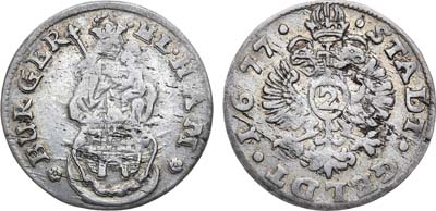 Лот №146,  Священная Римская империя. Вольный Ганзейский город Гамбург. 2 шиллинга 1677 года (HL).