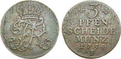 Лот №192,  Священная Римская империя. Королевство Пруссия. Король Фридрих II Великий. 3 пфеннига 1754 года.