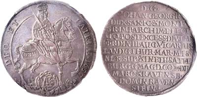 Лот №25,  Германия Курфюршество Саксония (Альбертинская линия). Курфюрст Иоганн Георг II. Викариатный талер 1657 года. В слабе ННР AU 58.