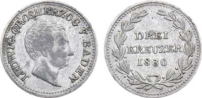 Лот №39,  Германия. Великое герцогство Баден. Великий герцог Людвиг I. 3 крейцера 1830 года.