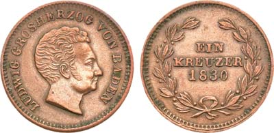 Лот №40,  Германия. Великое герцогство Баден. Великий герцог Людвиг I. 1 крейцер 1830 года.