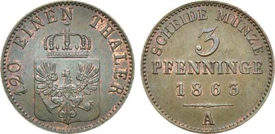 Лот №69,  Германия. Королевство Пруссия. Король Вильгельм I. 3 пфеннига 1863 года.