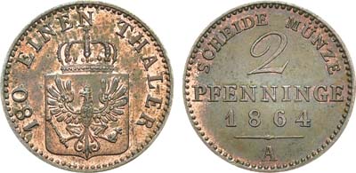 Лот №70,  Германия. Королевство Пруссия. Король Вильгельм I. 2 пфеннига 1864 года.
