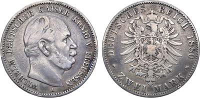 Лот №84,  Германская империя. Королевство Пруссия. Король Вильгельм I. 2 марки 1880 года. Старый герб.