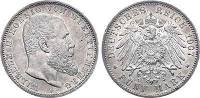 Лот №96,  Германская империя. Королевство Вюртемберг. Король Вильгельм II. 5 марок 1907 года.