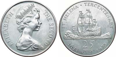 Лот №126,  Остров Святой Елены. Британские территории. Королева Елизавета II. 25 пенсов 1973 года. 300 лет восстановлению британского владения островом.