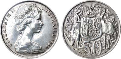 Лот №12,  Австралия. Британское Содружество. Королева Елизавета II. 50 центов 1966 года. Герб.
