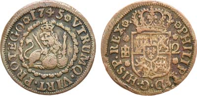 Лот №132,  Испания. Королевство. Король Филипп V. 2 мараведи 1745 года.