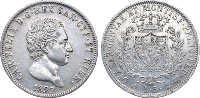 Лот №136,  Италия. Королевство Сардиния. Король Карл Феликс. 5 лир 1827 года (P).