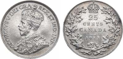 Лот №139,  Канада. Британская колония. Король Георг V. 25 центов 1912 года.