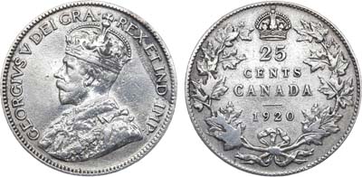 Лот №140,  Канада. Британская колония. Король Георг V. 25 центов 1920 года.