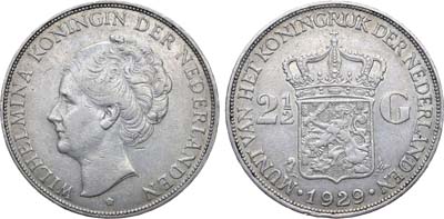 Лот №170,  Нидерланды. Королевство. Королева Вильгемина. 2 1/2 гульдена 1929 года.