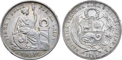 Лот №179,  Перу. Республика. 1 соль 1865 года (YB).