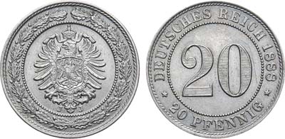 Лот №65,  Германская империя. Император Вильгельм II. 20 пфеннигов 1888 года. Старый герб с венком.