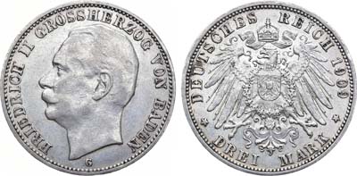 Лот №72,  Германская Империя. Великое Герцогство Баден. Великий Герцог Фридрих II. 3 марки 1909 года.