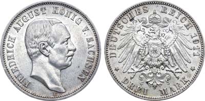 Лот №73,  Германская Империя. Королевство Саксония. Король Фридрих Август. 3 марки 1911 года.