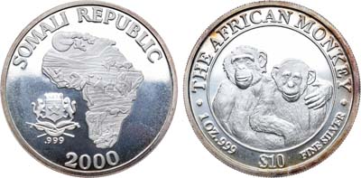 Лот №102,  Сомали. Республика. 10 долларов 2000 года. Африканские обезьяны - Шимпанзе.