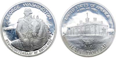 Лот №107,  США. 1/2 доллара (50 центов) 1982 года. 250 лет со дня рождения Джорджа Вашингтона.