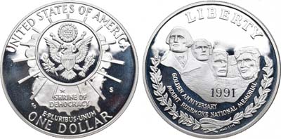 Лот №113,  США. 1 доллар 1991 года. 50 лет Национальному мемориалу Рашмор.