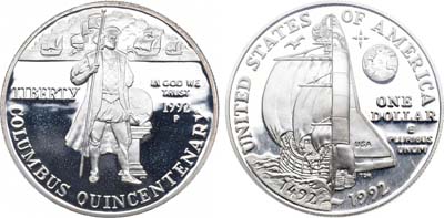 Лот №114,  США. 1 доллар 1992 года. 500 лет открытия Америки Колумбом.
