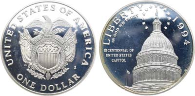 Лот №117,  США.1 доллар 1994 года. 200 лет Капитолию.