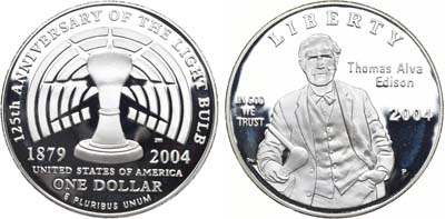 Лот №126,  США. 1 доллар 2004 года. 125 лет лампочке. Томас Алва Эдисон.