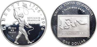 Лот №128,  США. 1 доллар 2006 года. 300 лет со дня рождения Бенджамина Франклина.