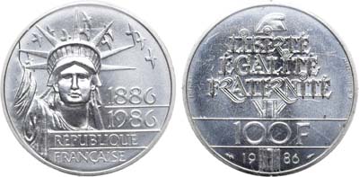 Лот №142,  Франция. Пятая республика. 100 франков 1986 года. 100 лет Статуе Свободы. Пьедфорт.
