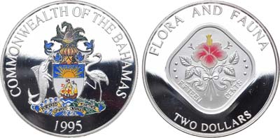 Лот №16,  Багамские острова. Британское содружество. Королева Елизавета II. 2 доллара 1995 года. Флора и фауна - Гибискус.