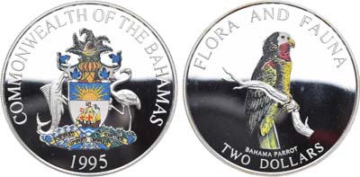 Лот №17,  Багамские острова. Британское содружество. Королева Елизавета II. 2 доллара 1995 года. Флора и фауна - Багамский попугай.