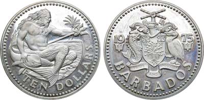 Лот №19,  Барбадос. 10 долларов 1975 года. Нептун - бог морей.